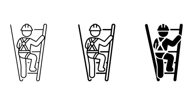 Construction Worker Climbing Ladder Safety Harness Icon Set, Industrial Safety Gear Vector Graphics, Occupational Hazard Prevention Symbols