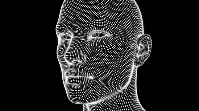 Crosshatched face wireframe on a dark background