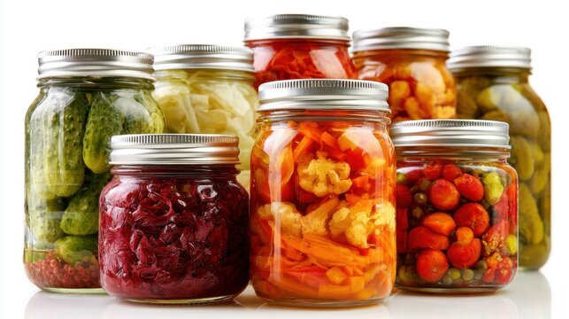 Assortment of glass jars filled with a variety of colorful pickled vegetables including cucumber, cauliflower, cherry tomato, and shredded cabbage with metal lids on a white background