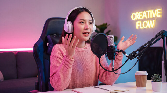 Woman recording a podcast in a neon studio
