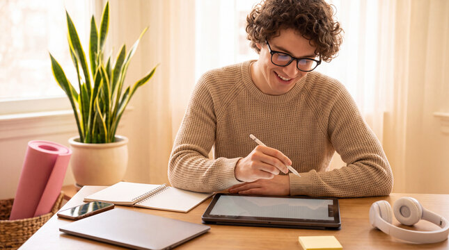 Man working at home with a tablet and stylus