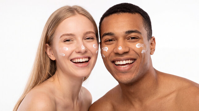 Smiling couple with cream on their cheeks