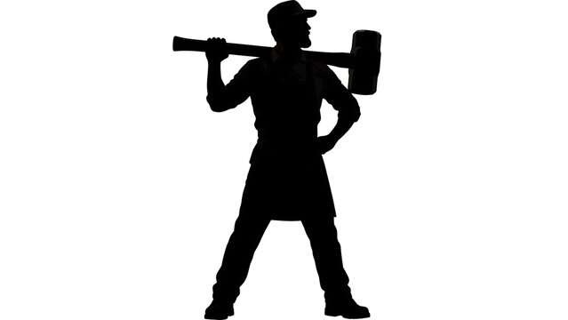 Silhouette of worker with sledgehammer white background.