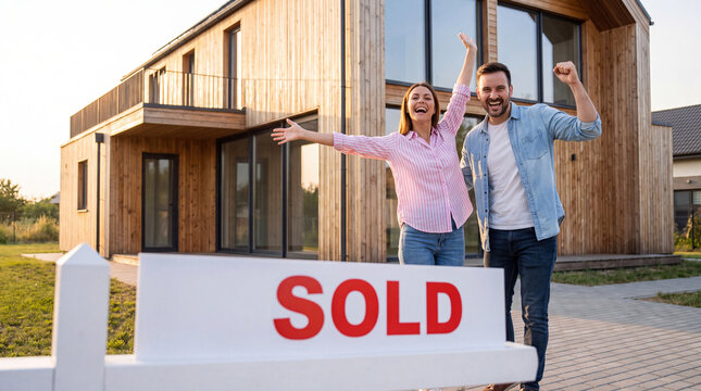 Happy couple celebrating a new home in front of a sold sign