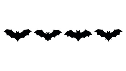 Fototapeta premium Four black bat silhouettes flying with wings spread on a white background.