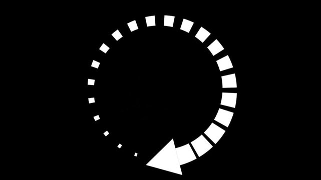 White circular arrow progress bar animation on black background rotating dotted loading wheel preloader motion graphic loop