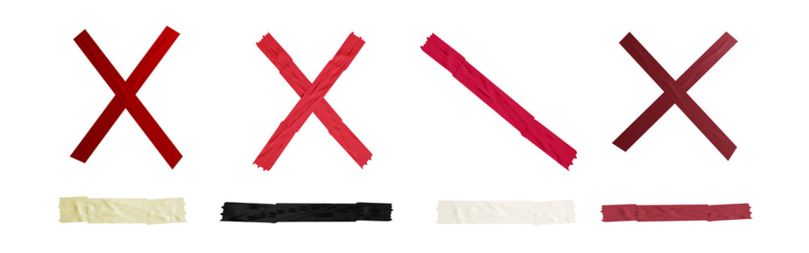 Red tape cross marks and strips isolated on white background with cross mark