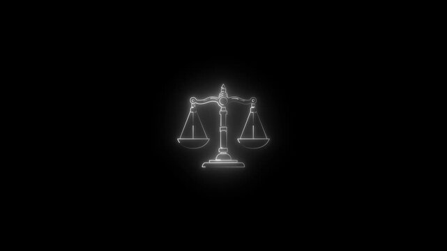 Glowing neon scales of justice animation, legal system and law concept symbol on black background