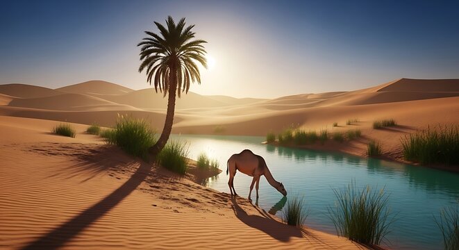 Dromedary camel drinking from desert oasis at sunset with landscape, dromedary