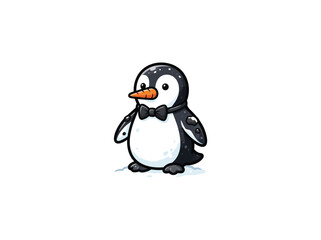 Fototapeta premium An Adorable Cartoon Penguin With An Orange Carrot Nose And Black Bow Tie, Standing On A Small Ice Patch, Perfect For Winter And Holiday Designs, Vector Illustration