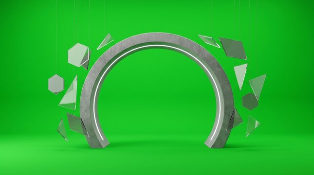 Modern concrete arch podium with geometric floating shapes on a green background