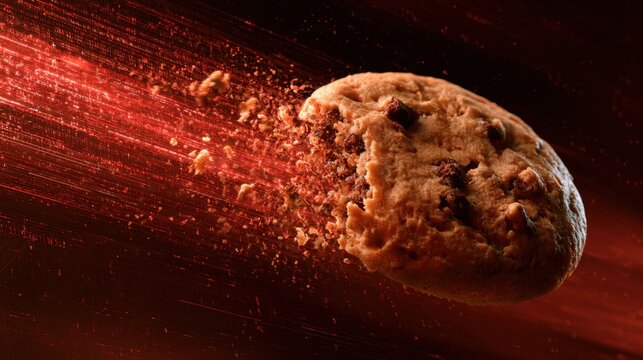 Motion capture of chocolate chip cookie crumbling and disintegrating in mid air with red dramatic lighting and flying crumbs for dynamic snack food concept
