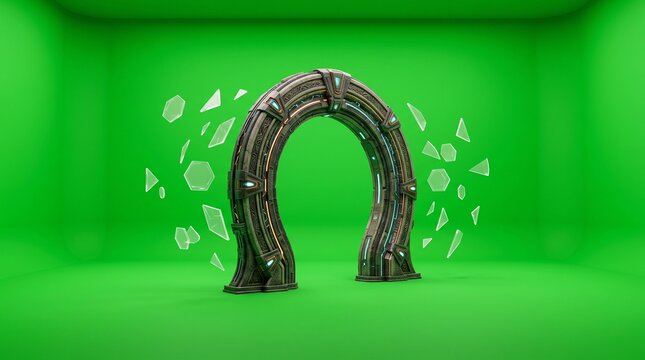 Futuristic sci-fi portal arch with glowing geometric shards against a green studio background