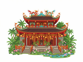 Obraz premium Ornate traditional Chinese temple building with decorative roof dragons and glowing lanterns.