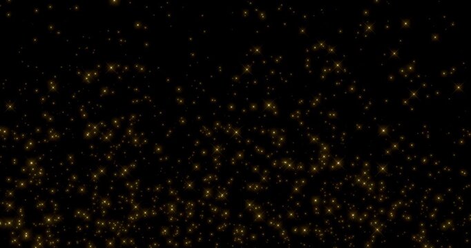 Glittering gold particle splashing in black background. Sparkling light streaks glow dust effect. 4K 3D rendering animation.
