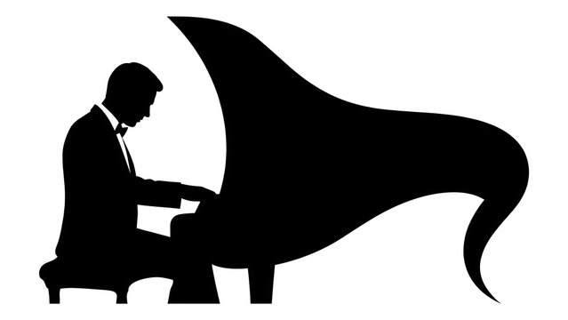 Silhouette of pianist playing grand piano white background.