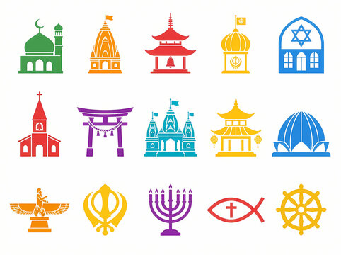 A collection of colorful religious symbols and architectural icons representing various world faiths.