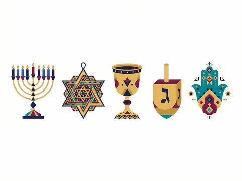 A collection of colorful Jewish holiday symbols including a menorah Star of David kiddush cup dreidel and hamsa.