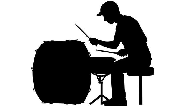 Drummer playing drum kit silhouette white background.