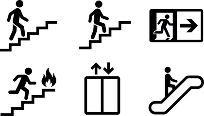 Emergency Evacuation and Building Navigation Silhouette Icon Set with Stairs Fire Exit Lift and Escalator Symbols for Public Safety Warning Sign Vector Designs © MdFaruk
