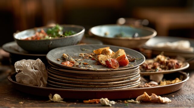 Stack of dirty ceramic plates with leftover food scraps and crumpled napkin on wooden table in dimly lit room after a meal cleanup or restaurant service
