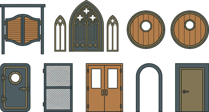 Fantasy and Historic Door Vector Set Featuring Wild West Saloon Gates Gothic Church Entrances Hobbit Round Doors and Industrial Metal Security Hatches