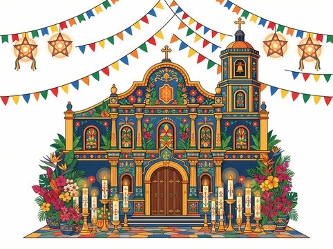 A vibrant and ornate Filipino colonial church decorated with festive Christmas lanterns and colorful buntings.