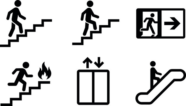 Emergency Evacuation and Building Navigation Silhouette Icon Set with Stairs Fire Exit Lift and Escalator Symbols for Public Safety Warning Sign Vector Designs