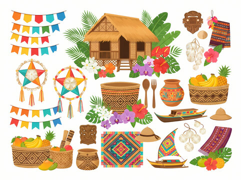 A collection of traditional Filipino cultural elements and festive decorations.
