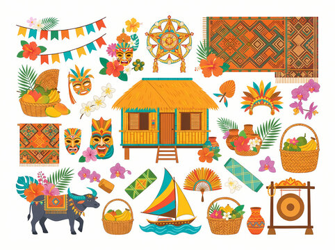 Collection of traditional Filipino cultural symbols and iconic elements.