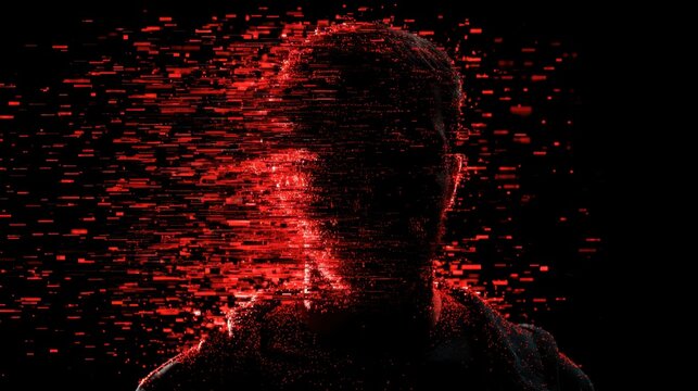 Digital human head disintegrating into glowing red particles on black background, technology concept of fragmentation, data transfer, futuristic virtual identity visualization