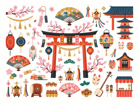 A collection of traditional Japanese cultural icons and architectural elements.