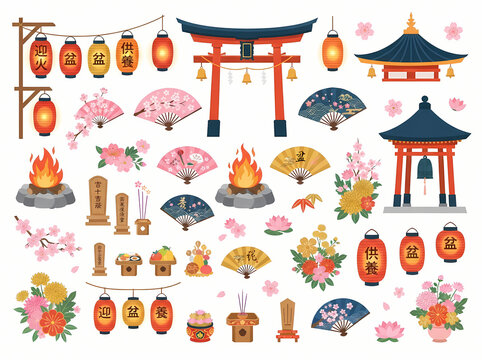 Collection of traditional Japanese cultural items and architectural elements.