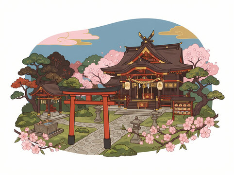 Traditional Japanese Shinto shrine with a red torii gate and blooming cherry blossoms.