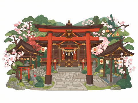 Traditional Japanese Shinto shrine complex with a vibrant red torii gate and cherry blossoms.