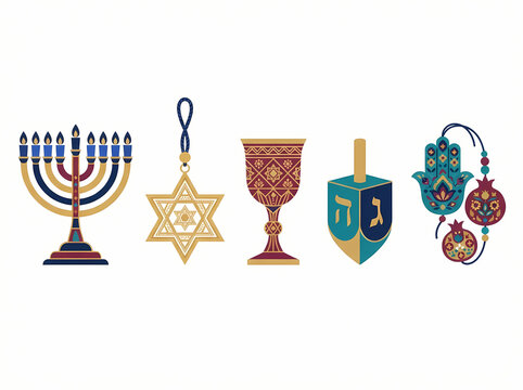 Set of traditional Jewish religious symbols and cultural icons including menorah and star of David.