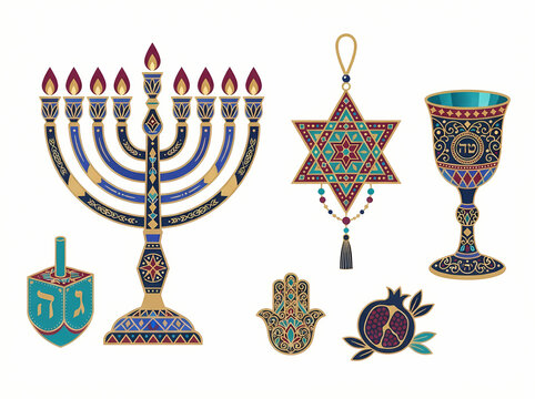 A collection of ornate Jewish ceremonial objects and symbols including a menorah and dreidel.