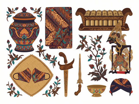 Collection of traditional Indonesian cultural artifacts and heritage items.