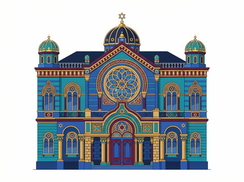 A vibrant and detailed illustration of a historic synagogue building featuring intricate architectural designs.