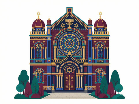 An ornate and colorful illustration of a traditional Jewish synagogue building.