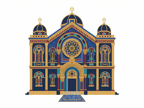 A detailed illustration of a grand synagogue building with ornate architectural features and domes.