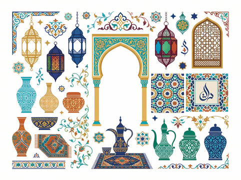 A collection of traditional Islamic art elements including lanterns pottery and architectural arches.
