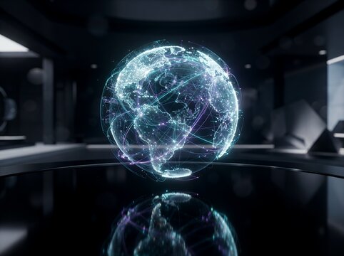A digital globe formed from glowing cyan and purple light particles hovering in a dark room with a reflective floor displaying a high tech data visualization concept.