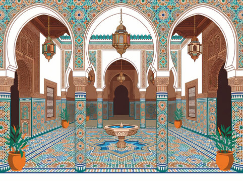 Intricate Moroccan courtyard illustration with traditional arches and central fountain.