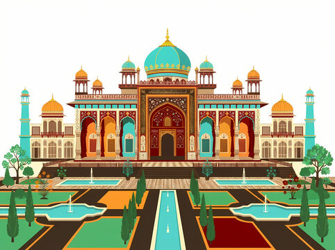 A vibrant vector illustration of an ornate Mughal style palace with a central turquoise dome and symmetrical gardens.