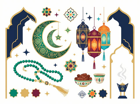 Collection of decorative Islamic elements for Ramadan and Eid celebrations.
