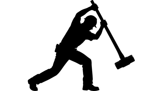 Silhouette of man swinging sledgehammer white background.
