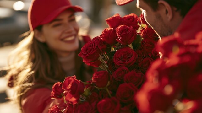 Happy young woman smiling while receiving large bouquet of red rose flowers outdoors during romantic moment on sunny day wearing casual red clothing and cap
