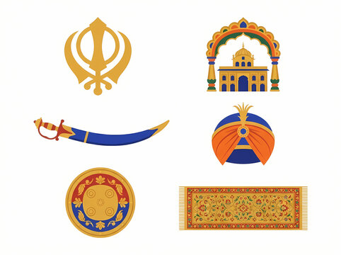 Sikhism religious symbols and cultural icons set.