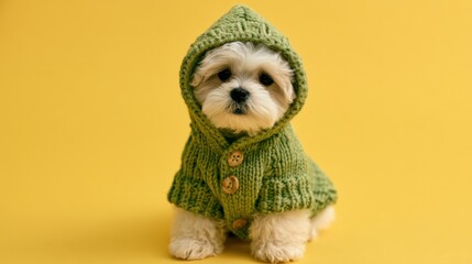Fototapeta premium Small white puppy sitting on yellow background wearing green knitted hoodie with buttons adorable and cozy pet fashion concept